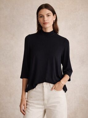 Vince Black Knit Mock Neck Three Quarter Sleeve Top Size Small